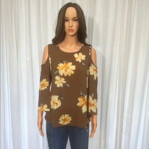 White Mark Floral Cold Shoulder Top - Brown and Yellow